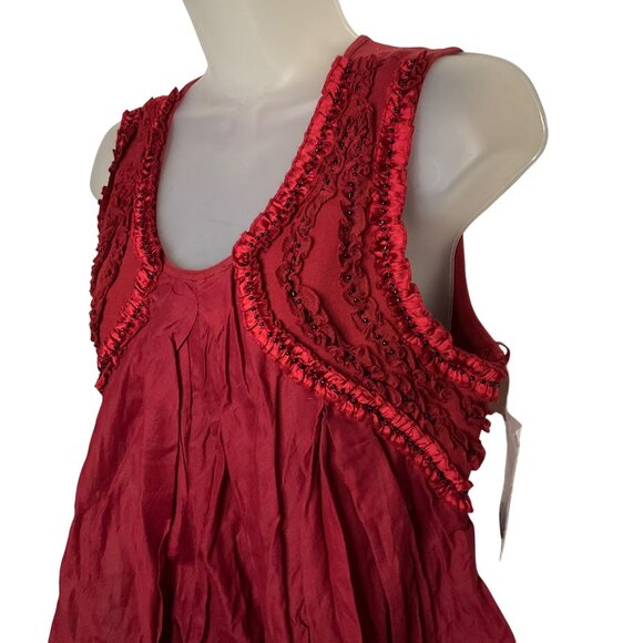 Free People Sleeveless Red Mini Dress With Beaded Details & Ruffled Trim medium - Picture 8 of 10